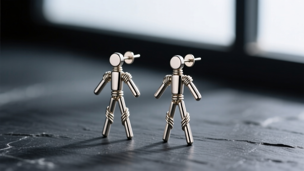 Macro shot of 18-gauge titanium stickman earrings highlighting seamless wire-bent joints and matte finish against dark slate.