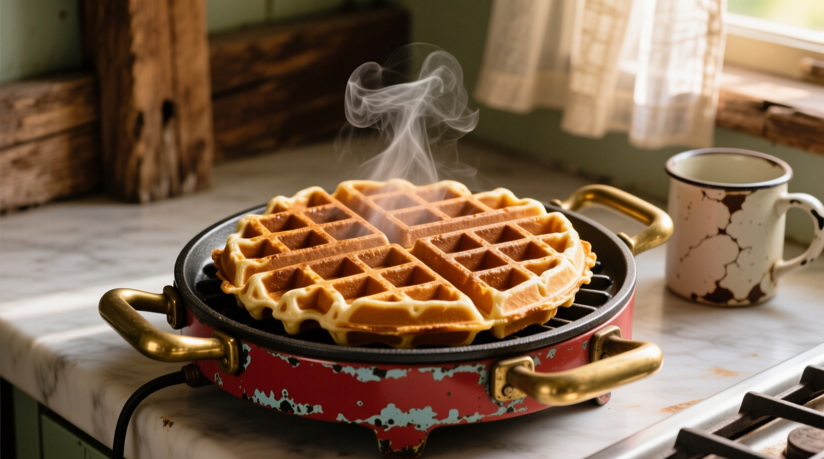 Perfect golden brown waffle on vintage waffle maker