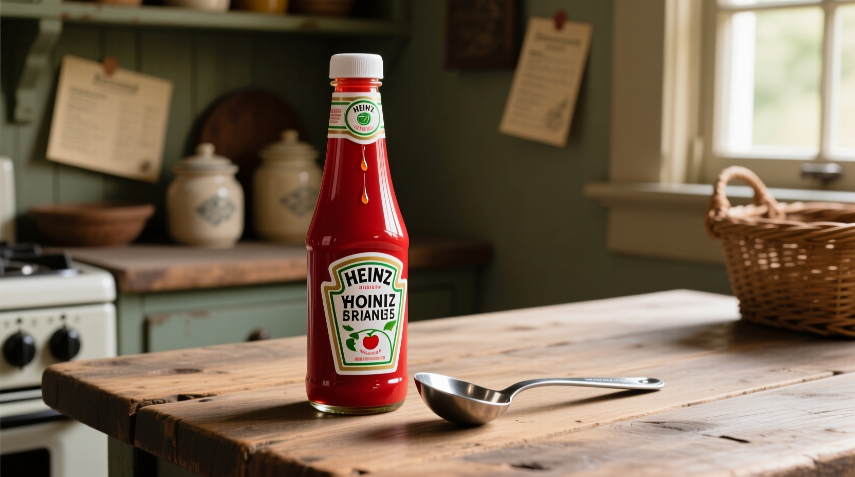 Heinz ketchup bottle next to measuring spoon