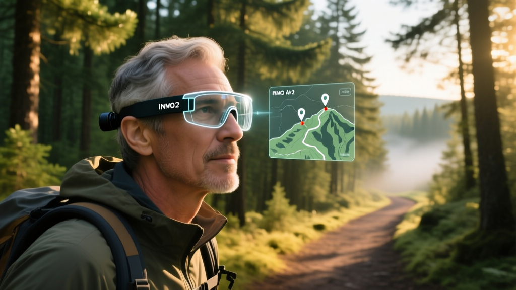 Hiker using INMO Air2 binocular smart glasses to view topographic trail waypoints overlaid on a dense pine forest path