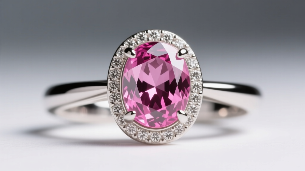 Macro photography of a platinum prong setting securing a vivid oval pink sapphire, highlighting the metal grain and gem girdle.