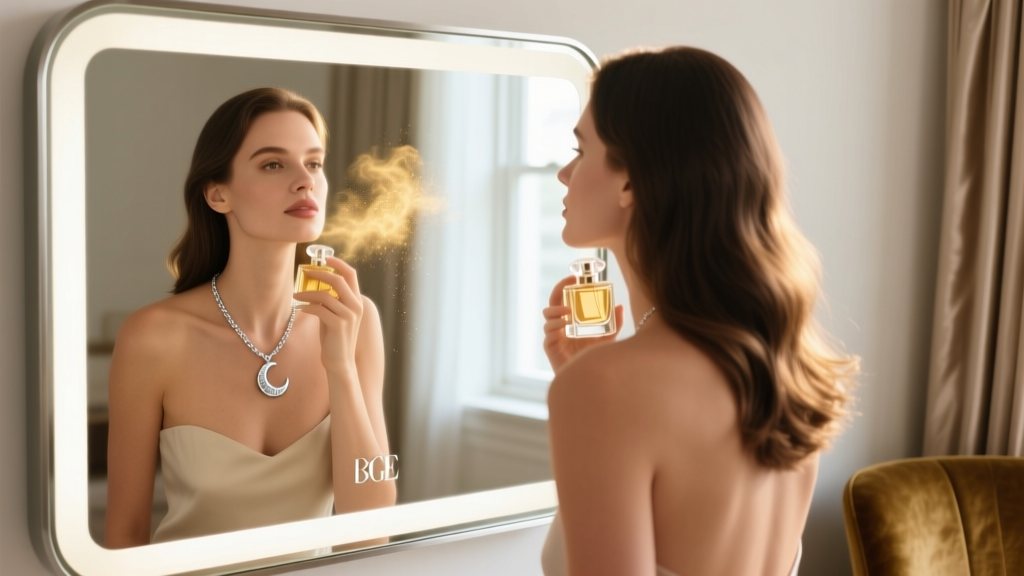 Woman applying perfume to her neck before putting on a delicate silver moon necklace in a bright vanity mirror reflection
