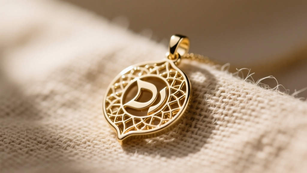 Macro shot of a 14k white gold mezuzah pendant featuring intricate filigree detailing, resting on a piece of raw linen fabric.