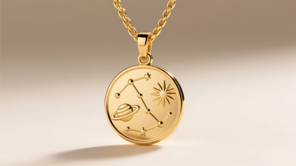 Close-up of a 14k gold Sophia necklace featuring a 22mm intricate celestial medallion pendant on a textured wheat chain.