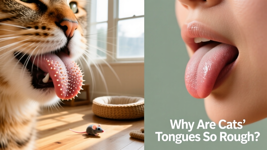 Side-by-side comparison: a cat’s tongue with visible papillae versus a smooth human tongue