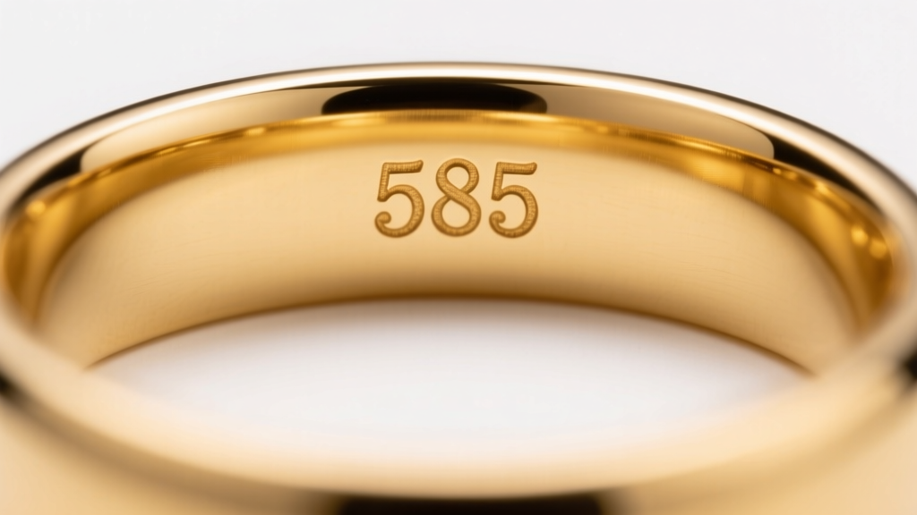 Macro photo of a 14K yellow gold ring interior revealing a crisp 585 hallmark stamp engraved inside the shank under studio light.