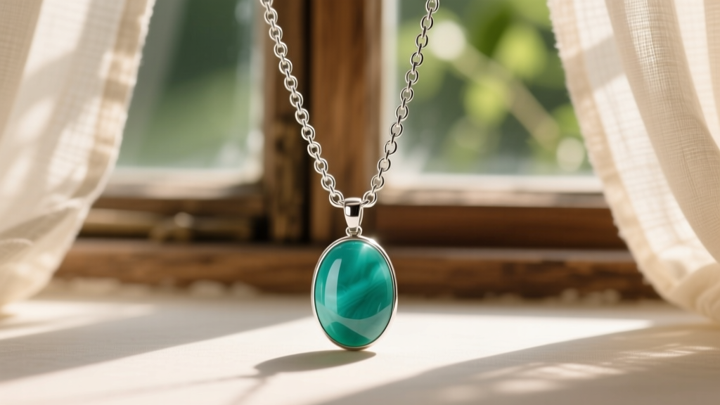 Close-up of a 925 sterling silver rolo chain and teal chalcedony cabochon pendant under soft, warm cottagecore window lighting.