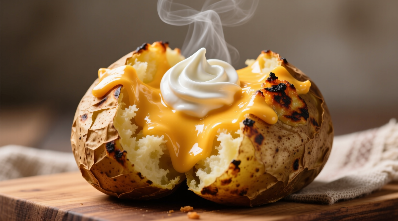 Loaded baked potato with melted cheese and sour cream