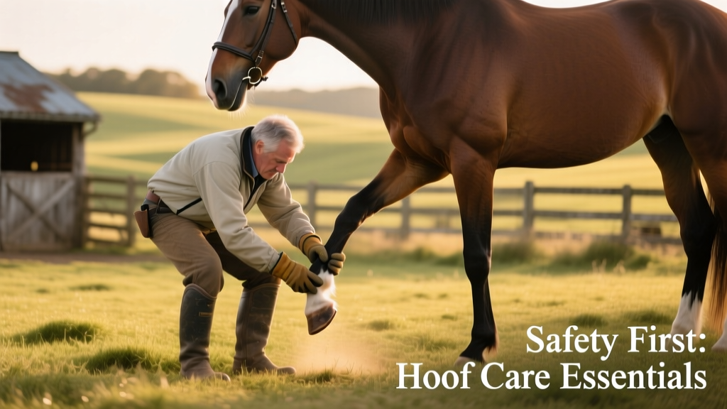 Trainer demonstrating safe hoof cleaning posture beside a calm horse