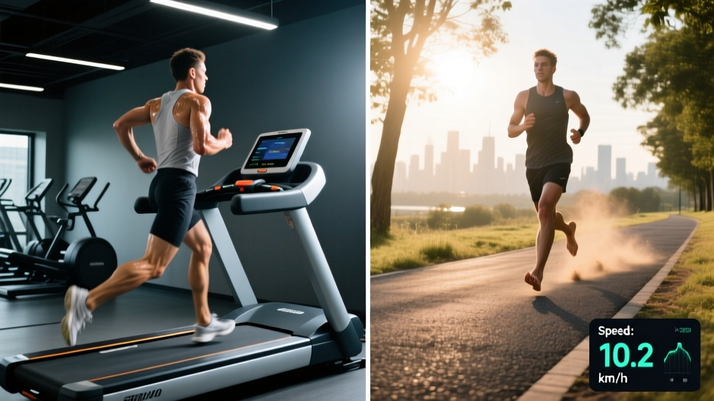 Side-by-side comparison of a runner on a motorized treadmill belt and an athlete jogging on a paved outdoor trail