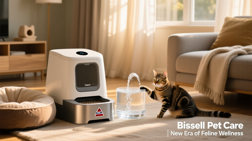 A tidy living room with a sleek automatic litter box and water fountain visible nearby, showing modern cat care in action