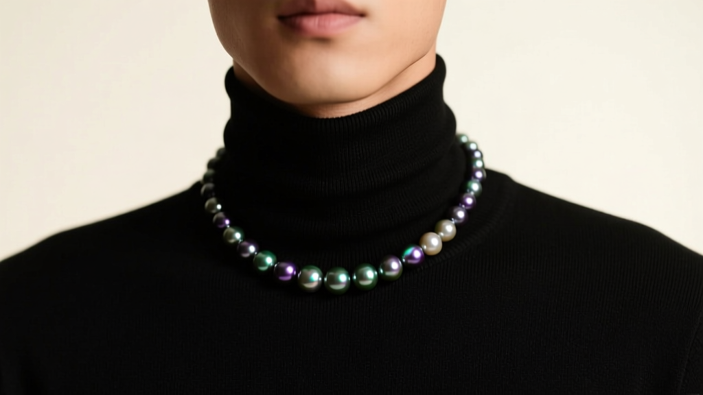 Man wearing dark Tahitian pearls over black cotton, soft studio lighting highlighting the organic nacre luster and surface texture