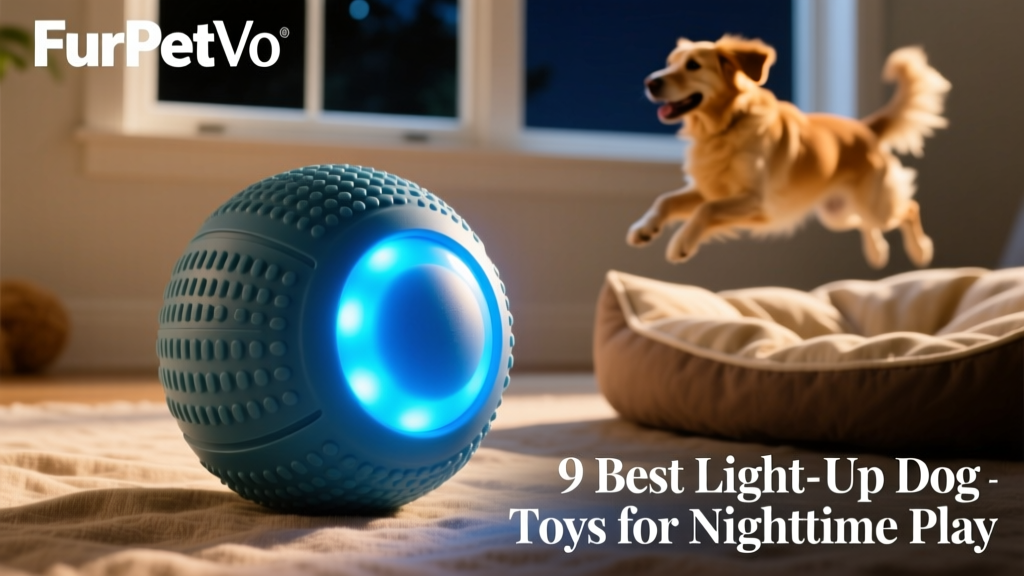Close-up of the FurPetVo Squeak & Light LED Ball showing textured surface, bright LED light, and vibrant blue color