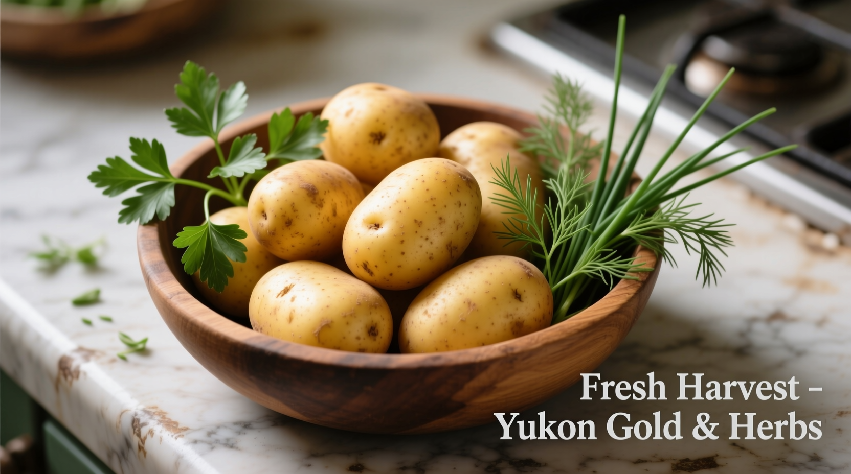 Yukon Gold potatoes in a bowl with fresh herbs