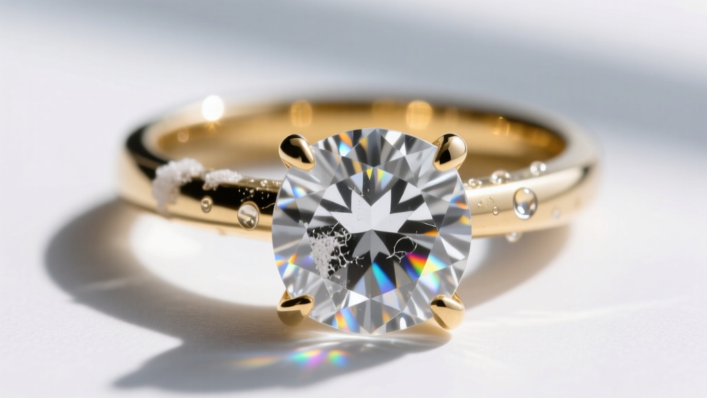 Macro photography of a cloudy diamond solitaire engagement ring showing hard water spots and soap scum buildup under the pavilion