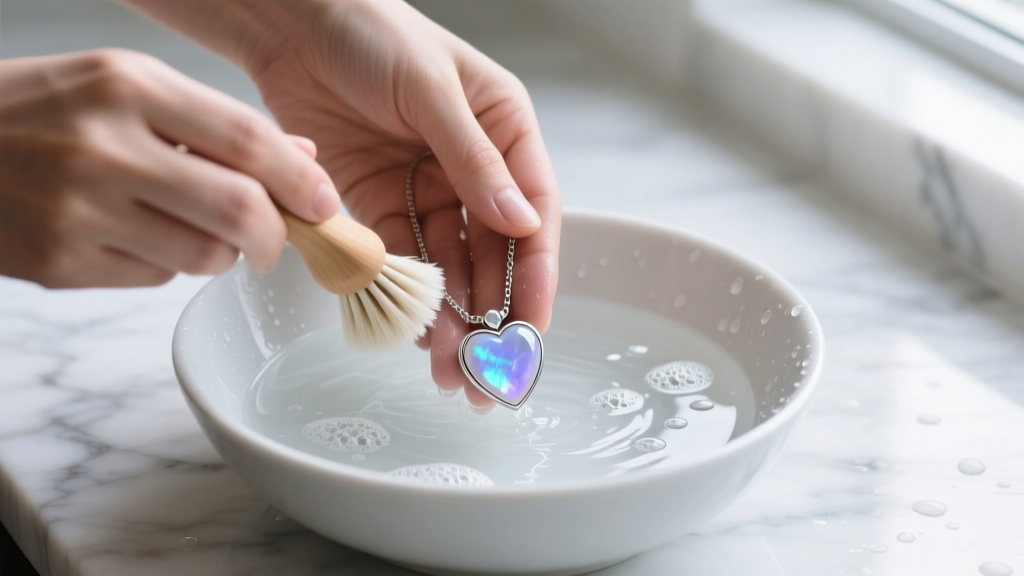 Hands washing a silver moonstone heart necklace with a soft brush in a bowl of soapy water on a white marble counter
