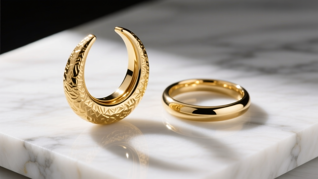 Close-up macro shot comparing a thick 18k gold vermeil crescent hoop with a delicate 14k solid gold crescent hoop on a marble slab