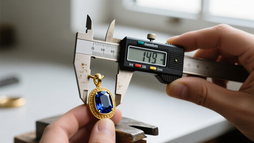 Jeweler using digital calipers to measure metal thickness of a worn 14k gold snap bail attached to a vintage sapphire pendant