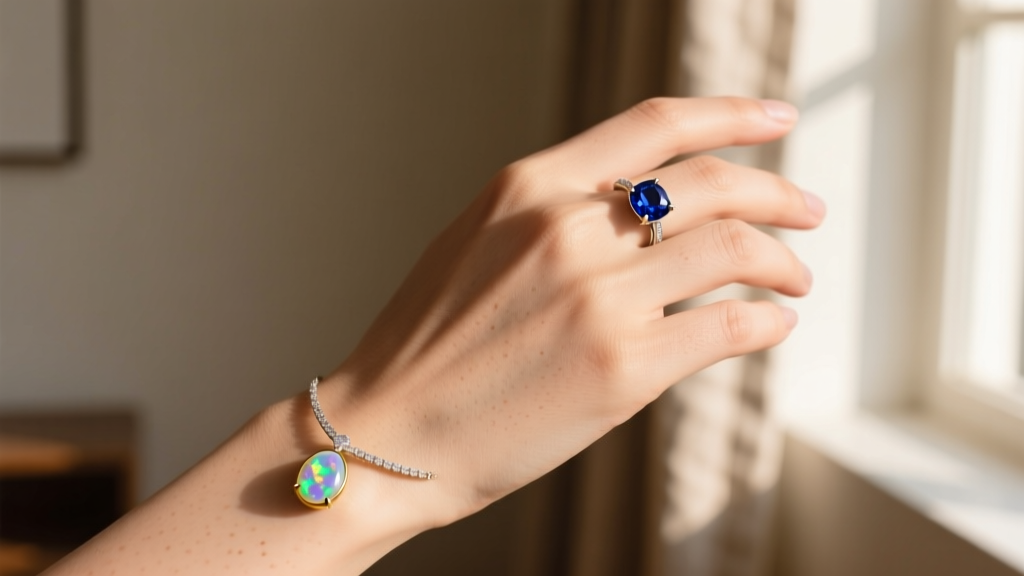 Close-up of a hand wearing a bezel-set sapphire ring and an opal pendant, illuminated by soft, warm, natural window light.
