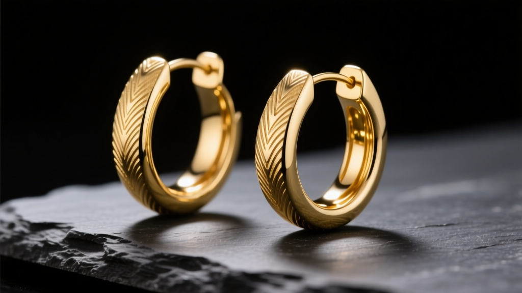 Macro photo of polished 14k yellow gold hoop earrings, 40mm diameter, resting on dark slate under soft directional studio lighting