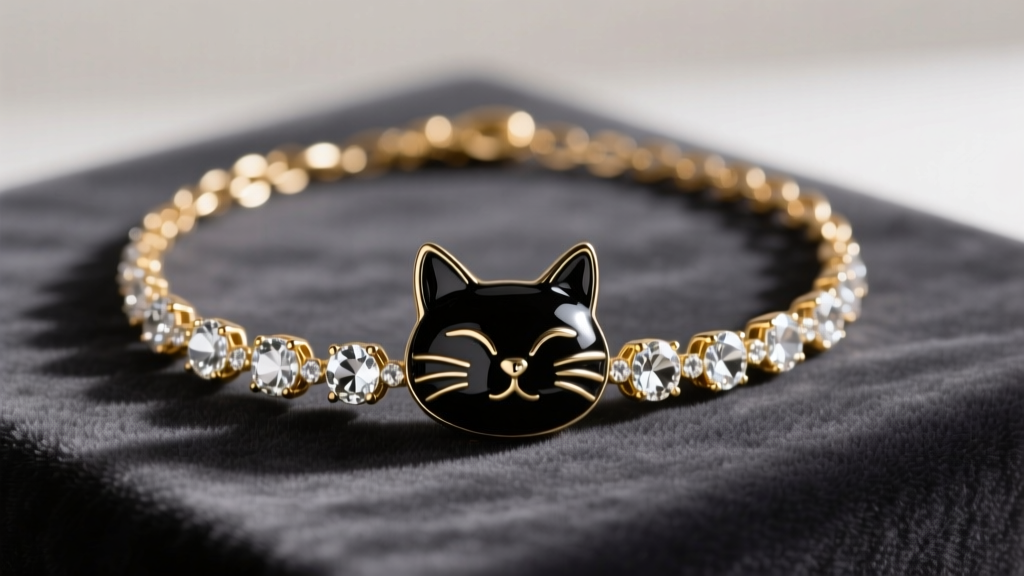 Vintage Betsey Johnson black cat necklace on dark velvet, highlighting gold-tone chain, crystal collar, and glossy enamel finish.