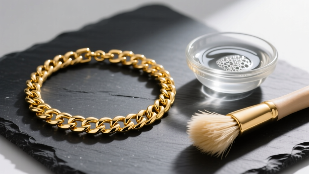 14k yellow gold Cuban link necklace on dark slate next to a small glass bowl of soapy water and a soft jewelry cleaning brush.
