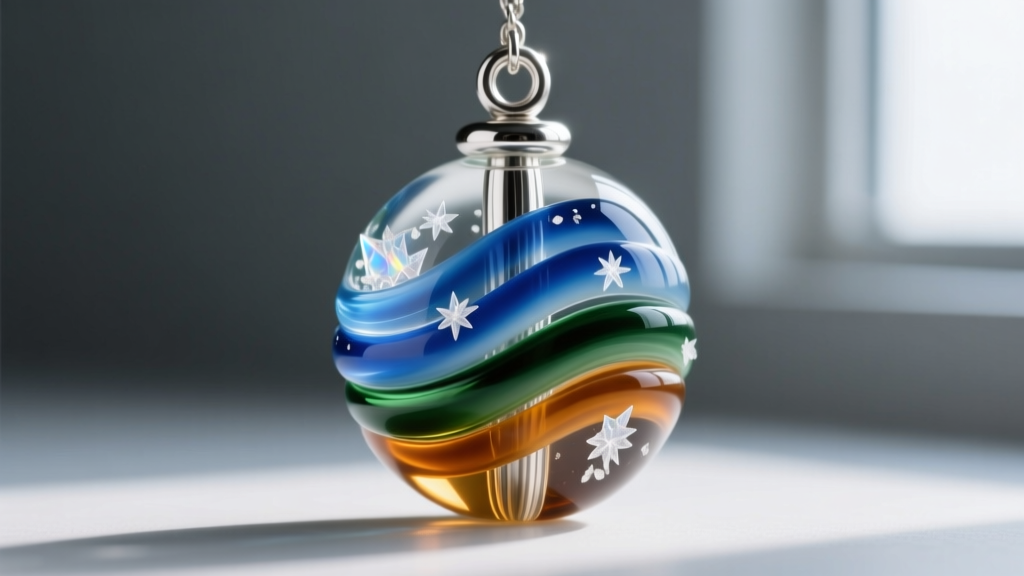 Side view of a lampwork glass bead with a sterling silver core, displaying annealed structural layers and suspended white ash flecks