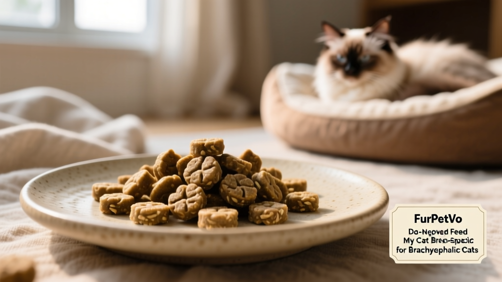 Close-up of FurPetVo kibble designed for flat-faced cats, showing small, soft-textured pieces