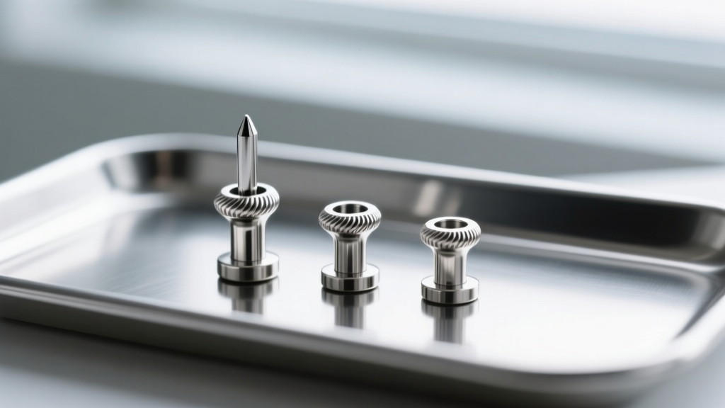 Macro photography of three titanium labret posts of varying lengths, 8mm, 6mm, and 5mm, laid out on a sterile medical steel tray.