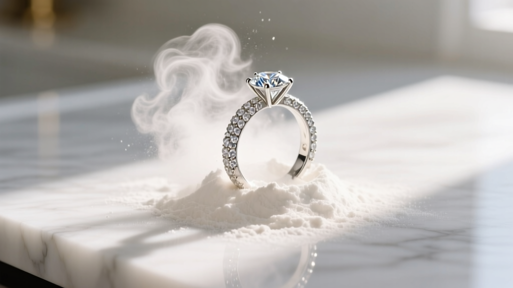 Macro shot of a diamond pavé ring submerged in a cloudy baking powder mixture on a marble counter, lit by soft morning light.