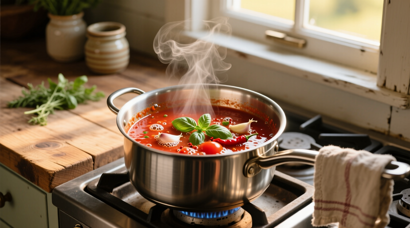 Homemade keto tomato sauce simmering in stainless steel pot