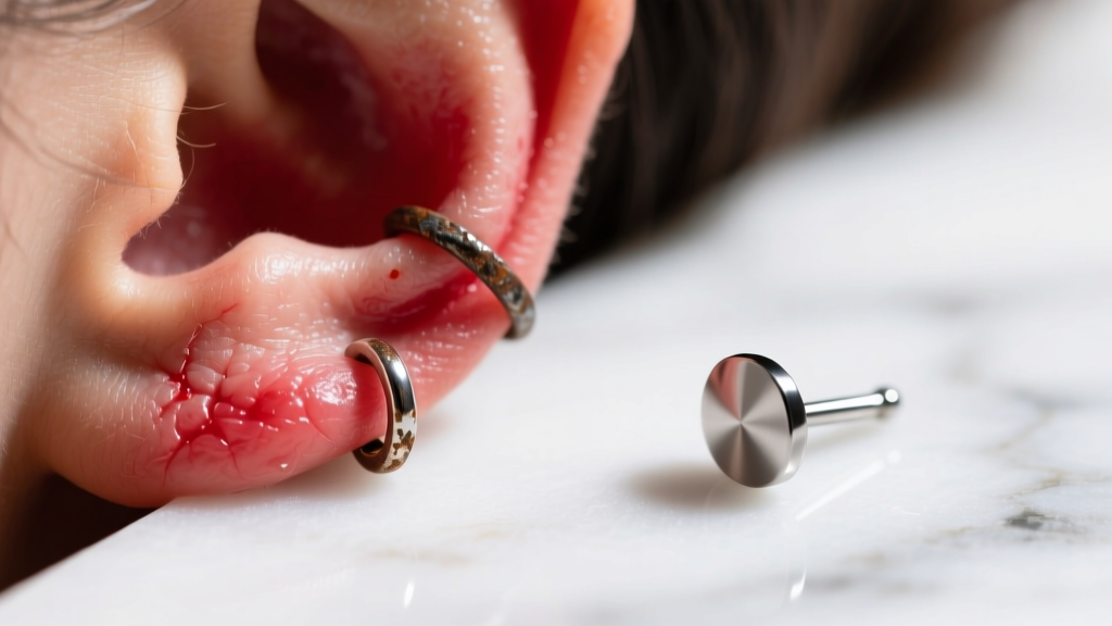 Macro shot of a red, irritated earlobe wearing a cheap alloy earring next to a smooth titanium stud on white marble.