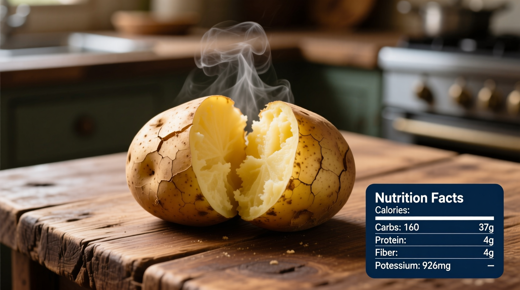 Nutrition facts of baked potato on wooden table