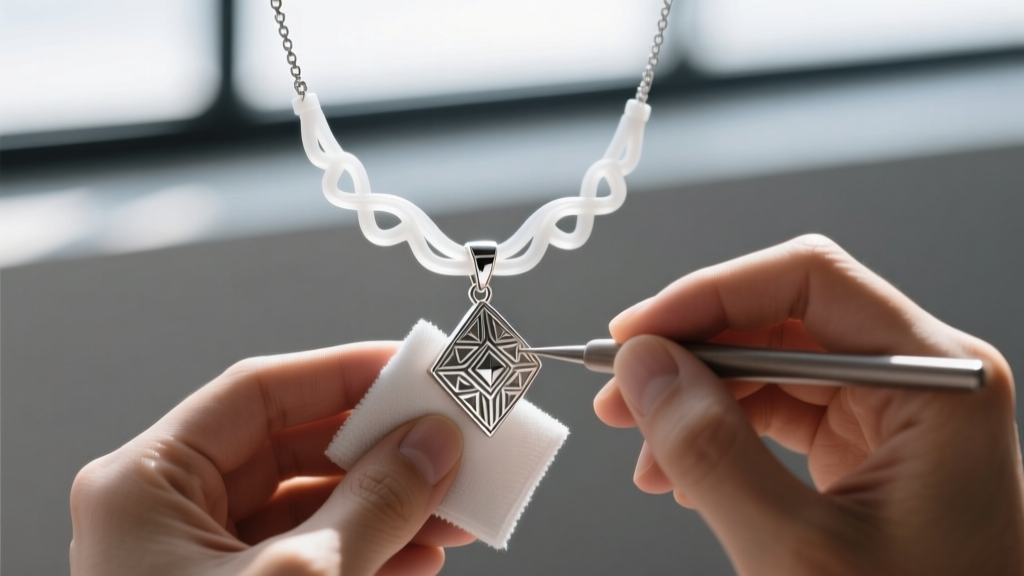 Hands polishing a silver pendant on a TPU-lined 3D print necklace holder using a microfiber cloth during a cleaning routine