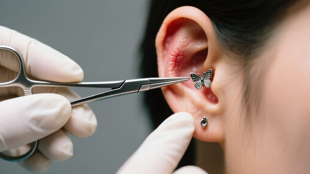 Gloved hands holding fine-point hemostats near a swollen earlobe with a stuck metal butterfly earring back, soft studio lighting.