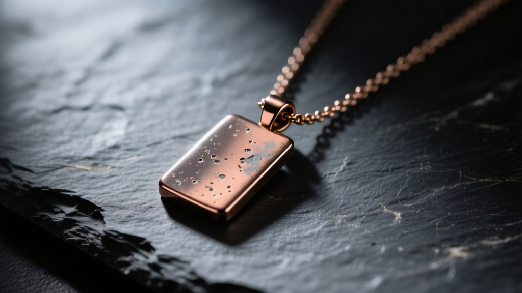 Close-up of a cheap metallic pendant necklace resting on dark slate, illuminated by dramatic lighting to show surface pitting.