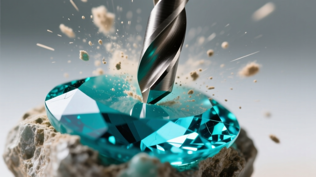 Macro view of a diamond drill bit penetrating a rough turquoise cabochon, capturing stone dust and micro-fractures in sharp focus
