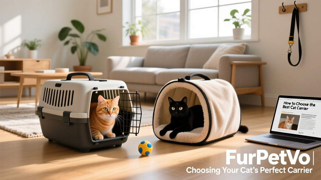 Side-by-side comparison of a FurPetVo hard-sided carrier and a soft-sided carrier on a living room floor