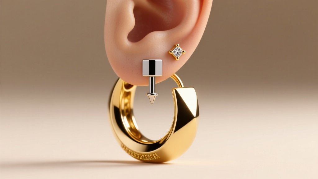 Close-up of a styled ear curation featuring heavy 14k gold hoops and flat-back titanium labrets under soft, warm studio lighting