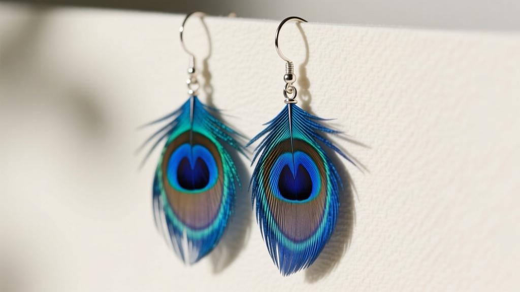 Macro shot of natural dyed blue pheasant feather earrings on a sterling silver french wire hook, showing intricate barb details