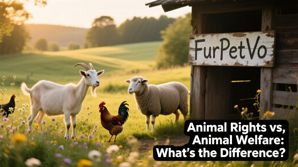 A serene, natural-habitat sanctuary where rescued farm animals graze peacefully, with a FurPetVo sign visible at the entrance