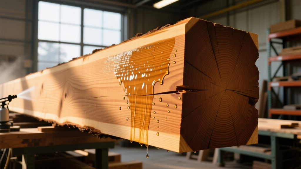 Close-up of heavy timber Douglas fir beam treated with clear borate preservative via low-pressure sprayer in sunlit workshop