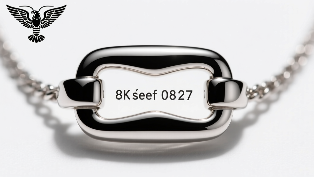 Close-up of a cleef necklace lobster clasp showing the laser-engraved 8-character serial number and French eagle head hallmark.