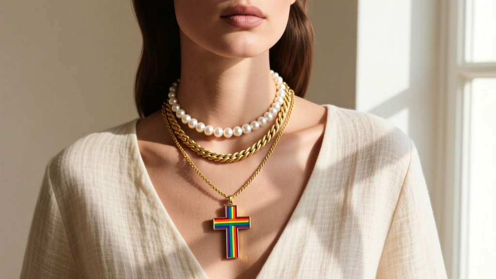 Model layering a 1.5mm gold cable chain rainbow cross necklace with a pearl choker and a rope chain against a neutral linen top.