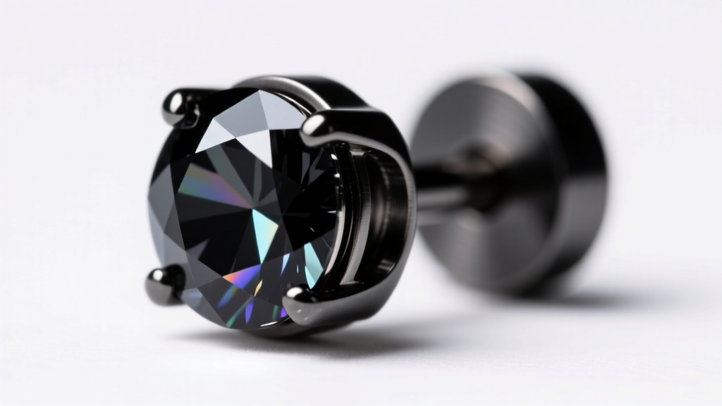 Macro shot of a PVD-coated black titanium threadless earring end with a faceted black spinel gemstone on a clean white background.