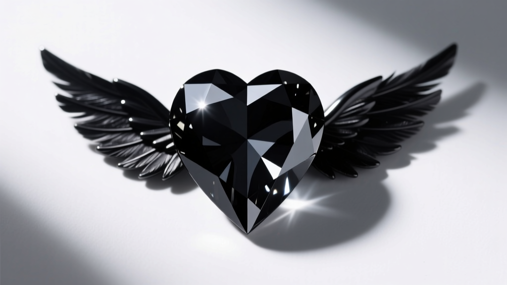 Top-down view of a loose black heart diamond showing symmetrical wings and a sharp cleft, lit by a single directional spotlight