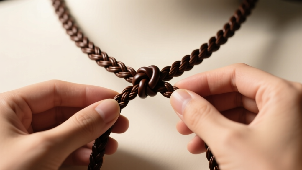 Close-up of hands tying a dark brown leather sliding knot on a braided necklace cord under warm directional desk lighting.