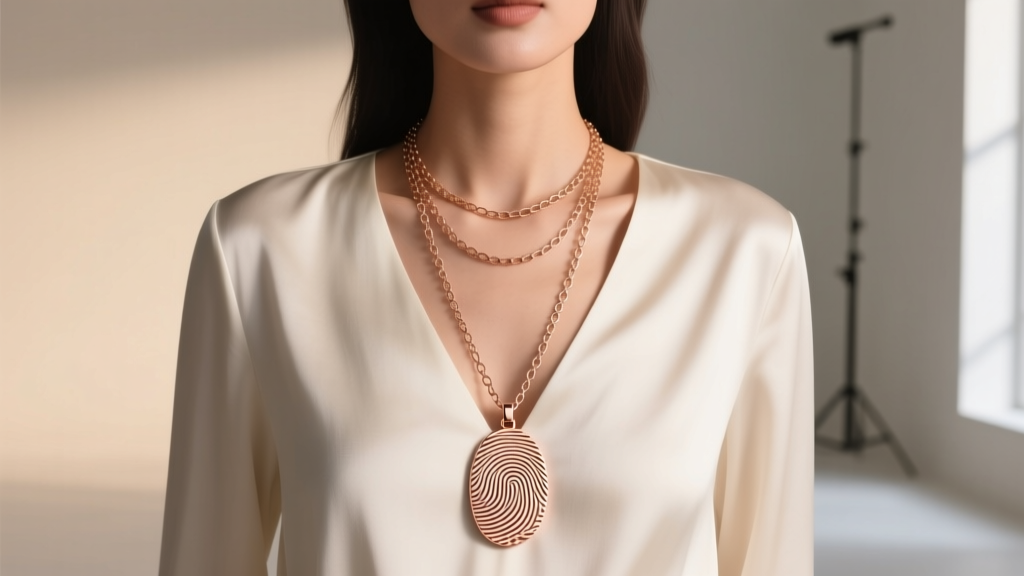 Woman wearing a layered 16-inch rolo chain and an 18-inch custom fingerprint pendant in rose gold, paired with a V-neck blouse.
