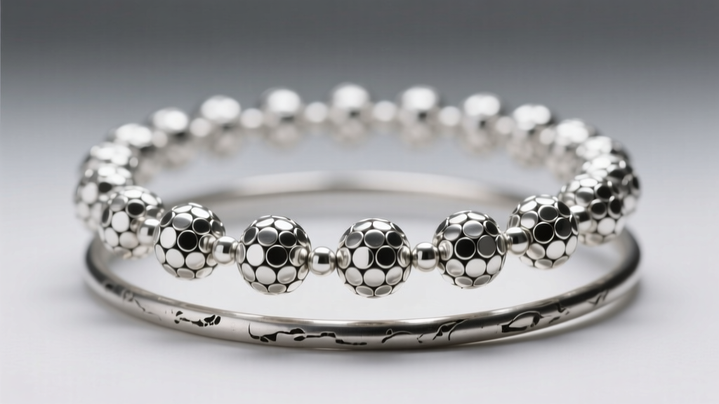 Close-up of tiny silver spheres fused to a curved hoop base, showing traditional Balinese granulation under bright studio light