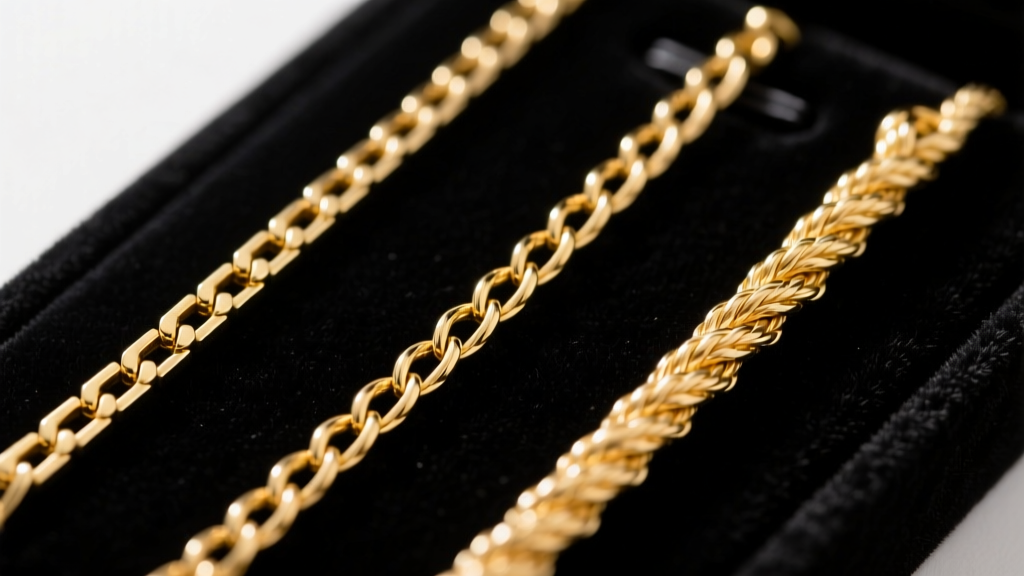 Macro shot of 0.9mm gold box chain, 1.2mm cable chain, and 1.5mm rope chain side-by-side on a dark velvet jewelry display pad.